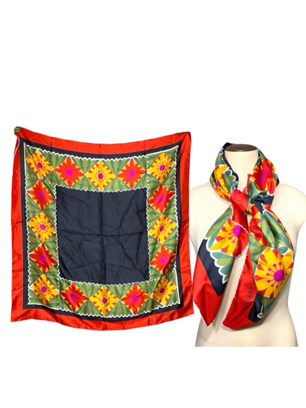 Vintage 80 Daniel La Foret Silk Scarf Bold Floral Border Red Black Square 36X36